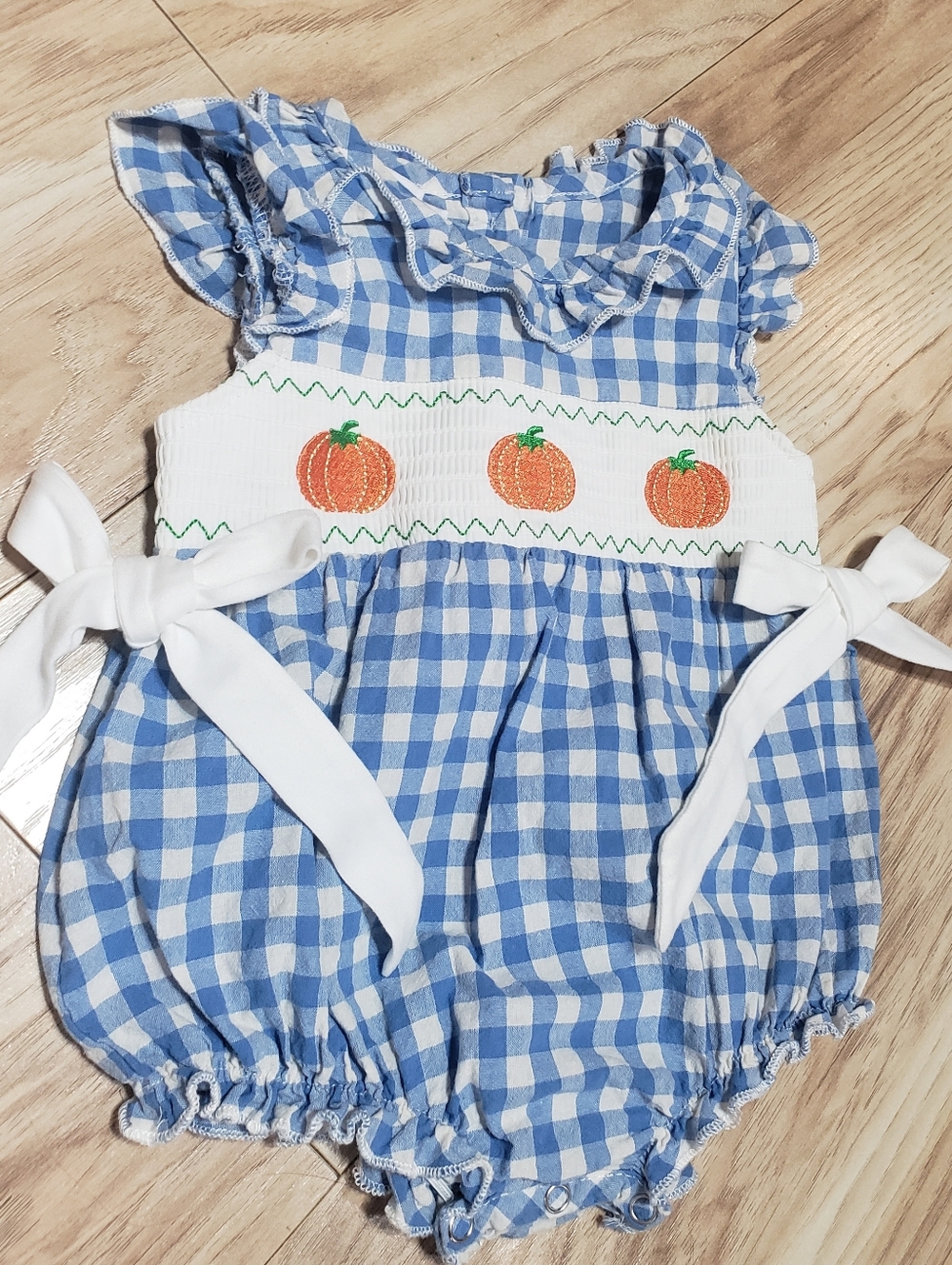 Vintage Baby 12 Months Gingham Checkered Blue/white Romper Embroidered Pumpkins